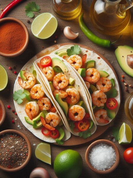 Spicy and zesty shrimp tacos with a chili-lime kick, served with whole wheat tortillas.