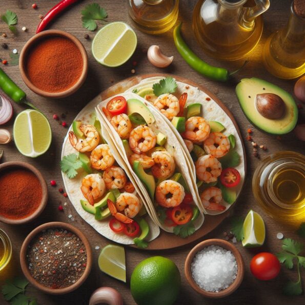 Spicy and zesty shrimp tacos with a chili-lime kick, served with whole wheat tortillas.