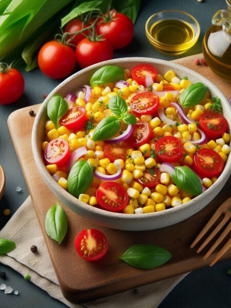 Photo realistic picture of Corn & Tomato Summer Salad with ingredients: corn kernels, cherry tomatoes, red onion, basil, olive oil, apple cider vinegar, sea salt, arranged in a colorful and fresh presentation for a recipe book.