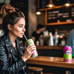 A lady drinking from a soda can.
