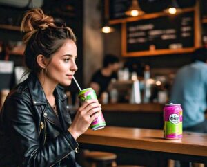 A lady drinking from a soda can.