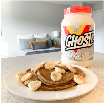 Picture of Ghost Vegan protein and Pankakes with bananas