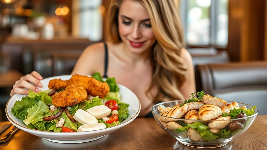 A picture of an attractive woman deciding whether to have a salad with fried chicken on it in a large plate with ranch dressing or one with grilled chicken with olive oil vinaigrette in a small bowl on a restaurant table